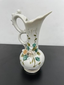 VASE-White Ceramic Pitcher w/3D Flowers & Painted Flowers