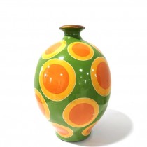 VASE-Green w/Orange/Yellow Polka Dots & Gold Rim