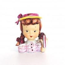 FIGURINE-Brunette Girl w/Pink/Yellow Hat & Pink Plaid Shirt