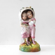 FIGURINE-Boy & Girl Dressed in Pink w/Basket on Heads