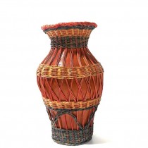 VASE-Terracotta Vase w/Multi Colored Woven Rattan
