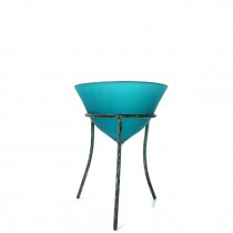 DECORATIVE BOWL-Teal Frosted Glass on Tripod Stand