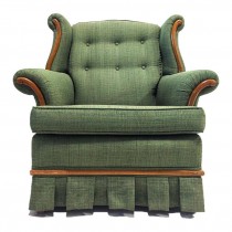 CLUB CHAIR-Green Tweed Inspired Tufted Back w/Wood Accents & Ruffled Skirt