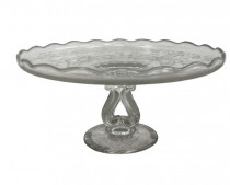 CAKE STAND-Glass w/Etched Filigree Decor & Scalloped Edge