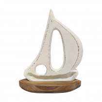 FIGURINE-Large White Metal Sailboat w/Wooden Base