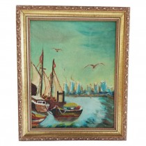 PAINTING-Sailboats in Harbor In Gold Frame