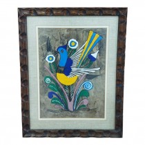 PAINTING-Blue & Gold Bird in Wood Scalloped Frame