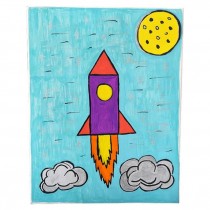 PAINTING-"To The Moon" Purple Red Rocket With Clouds & Moon