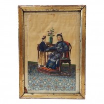 VINTAGE ASIAN FRAMED PAINTING 1- Man in Chair With Boy In Front of Him