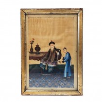 VINTAGE ASIAN FRAMED PAINTING 2-Man W/Long Beaded Necklace & Boy AT His Side