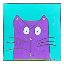 PAINTING-"WTF" Kitty-Purple Cat on Turquoise Background