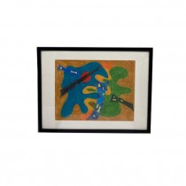 FRAMED ABSTRACT-Blue/Green Amebas W/Red Circle