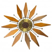 WALL CLOCK-Vintage Mid-Century Modern Wooden & Brass Starburst Clock