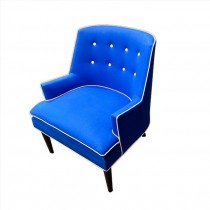 CLUB CHAIR-Blue w/White Piping & Button Back