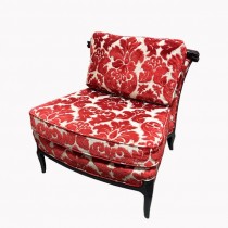 ARMLESS CHAIR-Red & White Damask w/Black Wood Frame