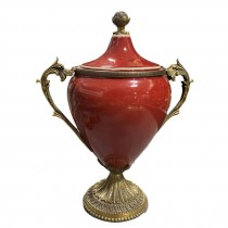 URN-Red Gloss Urn w/Brass Handles and Finial on Lid