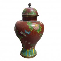 GINGER JAR-Burgundy Asian Inpired JArs w/Multi-Colored Flowers
