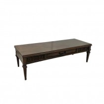 COFFEE TABLE-Glossed Fruitwood w/Tapered Legs | Carved Floral Decor & Faux Front Drawer