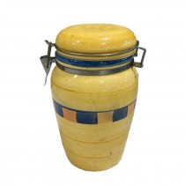 CONTAINER-w|Lid-Large Yellow Ceramic w/Blue & Orange Square Decor