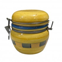 CONTAINER-w|Lid-Medium Yellow Ceramic w/Blue & Orange Square Decor
