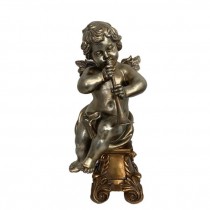 SCULPTURE-Painted Nickel Sitting Cherub Boy Playing Horn w/Gold Base
