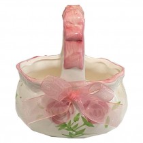 FIGURINE-White Ceramic Basket w/Pink Handle & Trim & Decorative Flowers