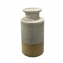 VASE-Short Ivory/Tan Ribbed Stoneware