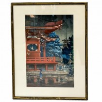 PRINT-Asian Art of Woman Walking with Umbrella by Red Pagoda