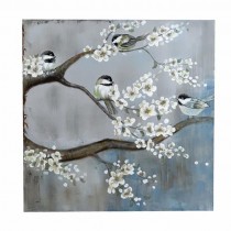 PAINTING-White Flowers w/(4) Sparrows on Branches