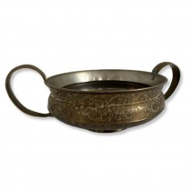 DECORATIVE BOWL-Brass Bowl w/2 Handles & Engraved Leaves & Flowers