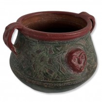 VASE-Green Ceramic Vase w/Engravings & Red Face Detailing