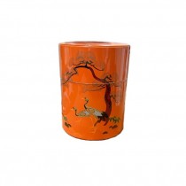 CONTAINER-Tall Orange Lacquer w/(2) Handpainted Birds Under Tree