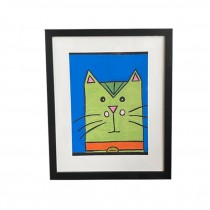 (8521PJ19)Framed Green Martini Nose Cat Print |Blue Back Ground