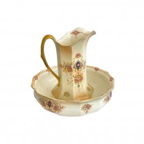 (72130015)PITCHER/WASH BASIN-Antique Crown Devon Beige w/Floral & Gold Detailing Matching Pitcher & Basin