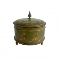 (52410674)BOX w|LID-Rounded Green Handpainted Box w|Gold Painted Leaves & Ribbons