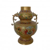 (52571067)VASE-Vintage Japanese Brass (2) Handle Vase w|Floral Enamel