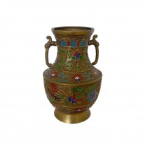 (52571068)VASE-Vintage Japanese Brass (2) Handle Vase w|Bird Enamel