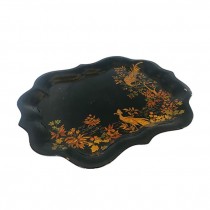 (25340446)TRAY-Large Decorative Black Metal Tray w|Birds Painted in Gold