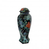 (52571070)VASE w|LID-Vintage Black Japanese Vase w|Birds & Multi-Colored Florals