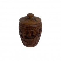 (25320137)CONTAINER w|LID-Wooden Hand Carved Jar w|Coasters Inside