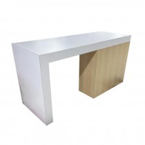(40130357)DESK-White Laminate Desk w|Natural Wood Laminate Pedestal