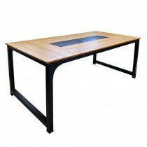 (40608902)CONFERENCE TABLE-Natural Wood Top w|Solid Black Rectangle in Center & Matte Black Base