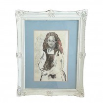 (LWCA0136)CLEARED ART-Black & White Watercolor of Little Girl in White Frame & Blue Boarder