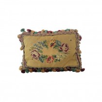 THROW PILLOW-Rectangular Beige Pillow w|Floral Wreath & Fringed Trim