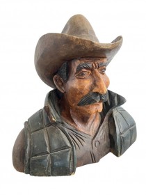 SCULPT-CARVED WOODEN COWBOY BUST