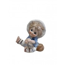 FIGURINE-Porcelain Boy Dressed in Blue W/White Wicker Hat