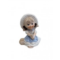 FIGURINE-Porcelain Girl Dressed in Blue W/White Wicker Hat