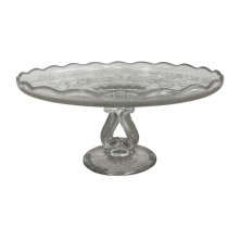 CAKE STAND-Glass w/Etched Filigree Decor & Scalloped Edge