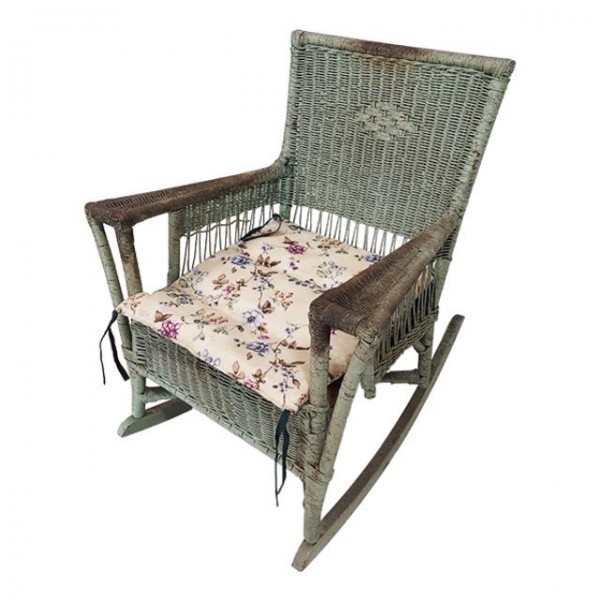 ROCKING CHAIR-Distressed Green Wicker W/Removable Floral Cusion ...