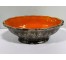 BOWL-Brown Glaze W/Floral Relief Design & Orange Interior